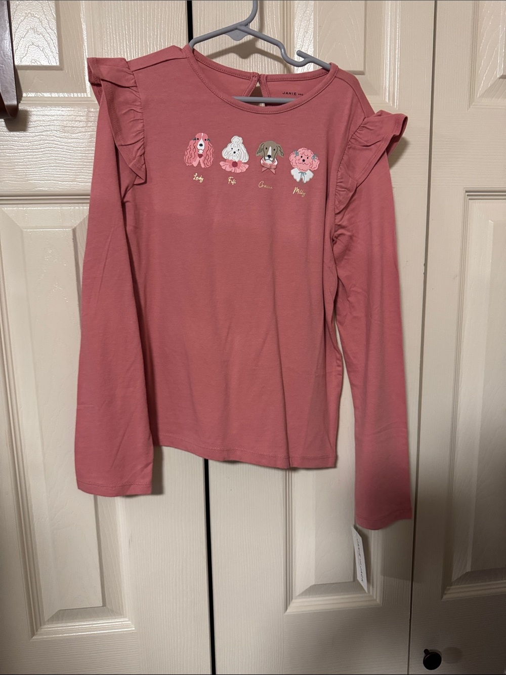 Cute Pink Ruffle-Sleeve Kids Top with Puppy Graphic size 10